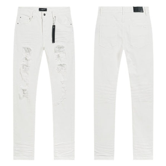 White Denim Jeans with Rhinestone Lined Distressing